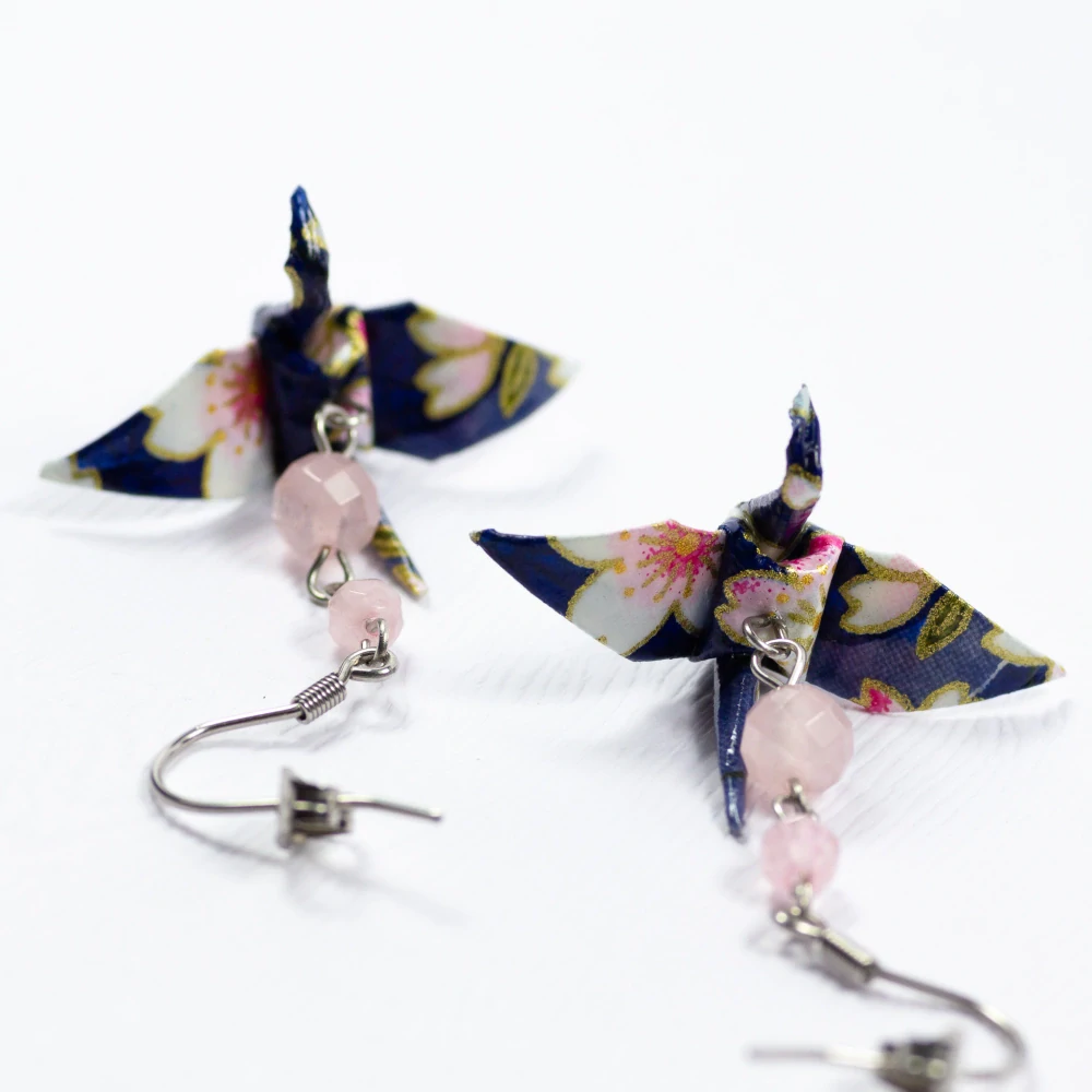 Náušnice "Sakura za stmívání" (jeřáb s růženínem)