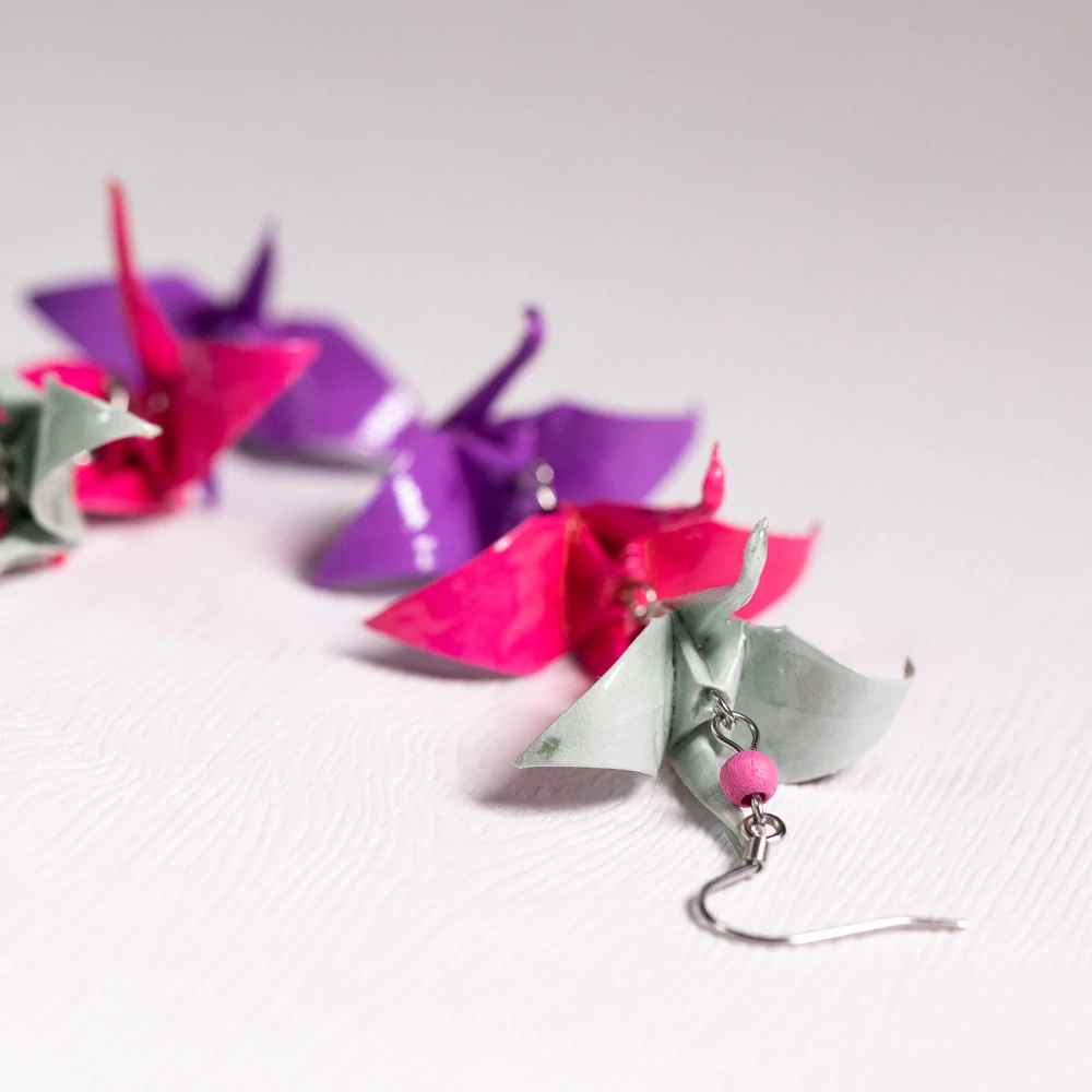 Náušnice "Trojčata ve fialové" (trojice jeřábů)