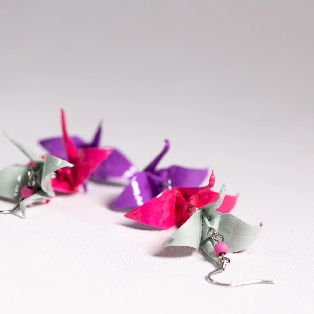 Náušnice "Trojčata ve fialové" (trojice jeřábů)